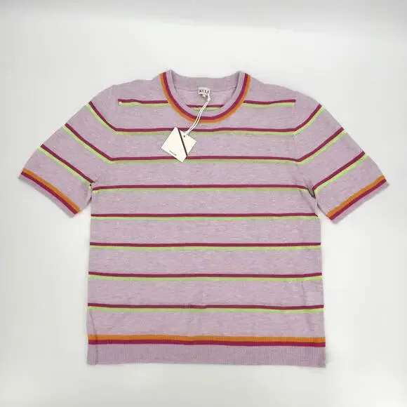 KULE Fine Knit Short Sleeve Top Lavender W/Stripes Linen Blend Size LARGE Preppy - Picture 5 of 9